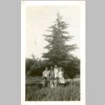 Hazel GOATCHER and friends in Farmborough, , QC, Canada. c1950s<br>(Back row: Doris Mae BURNS, Unknown adult, Hazel GOATCHER, Eilien BURNS), (Front Row: Ken BURNS,  Hazel REDMOND, Unknown child <br>Source: images/5DApr14/0005DApr14/ (134.84 KB)